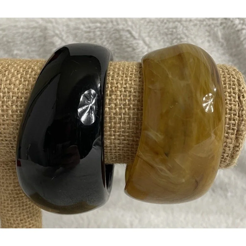 Chunky Resin Bangle Set. Black Brown Small 6.5” Wrist Max